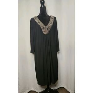 Bisou Bisou Woman Dress 24W Black Beaded Long-sleeve V Neck Pullover Party Dress